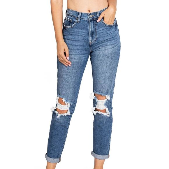 NWOT Celebrity Pink Distressed Crop High Waisted Mom Jeans Women's Size 13/31 - Picture 1 of 5